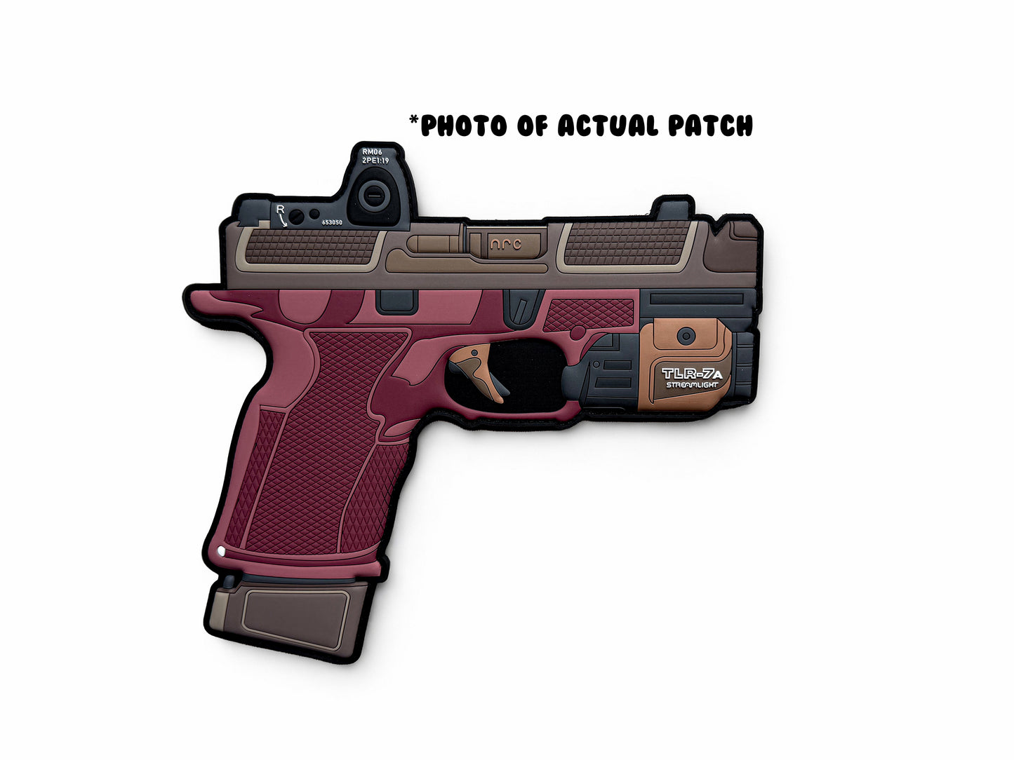 Patches of a handgun design on a white background